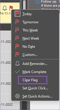 روی Clear Flag کلیک کنید تا reminder (یادآور) حذف شود.